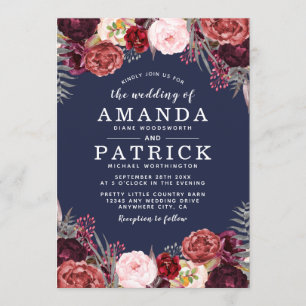 Navy Fall Marsala Blush Peony Wedding Invitations