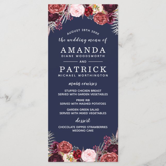 Navy Fall Marsala Blush Peony Wedding Menu Cards (Front)