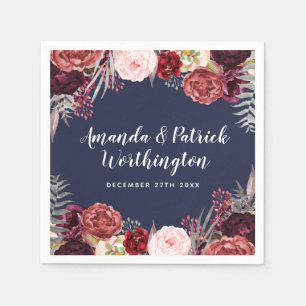 Navy Fall Marsala Blush Peony Wedding Napkins