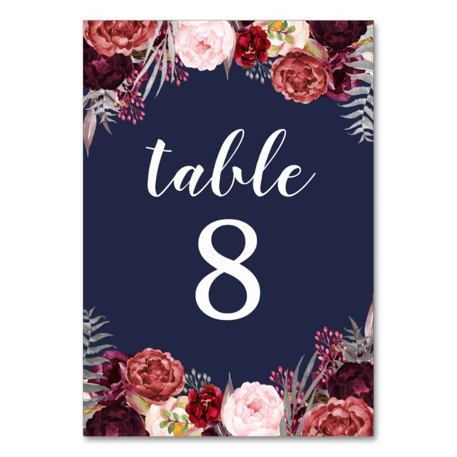 Navy Fall Marsala Peony Wedding Table Number Cards (Front)