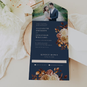 Navy Fall Photo Wedding All In One Invitation