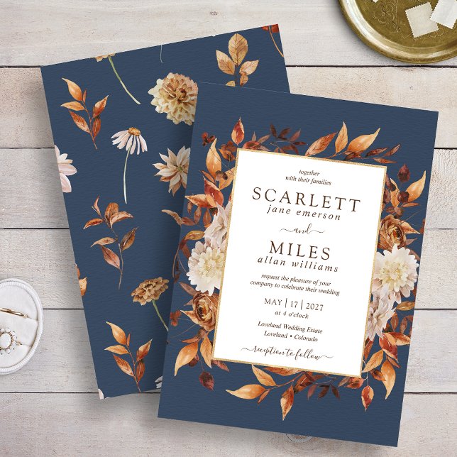 Navy Fall Terracotta Watercolor Floral Wedding Invitation (Navy Fall Terracotta Watercolor Floral Wedding Invitation
)