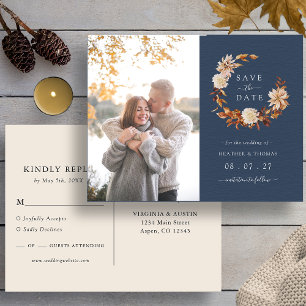 Navy Fall Wedding Photo Save The Date Announcement Postcard