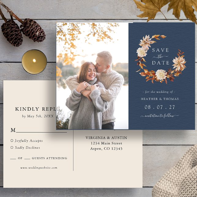 Navy Fall Wedding Photo Save The Date Announcement Postcard (Navy Blue Autumn Wedding Photo Save The Date Announcement Postcard by Painted Paperie
)