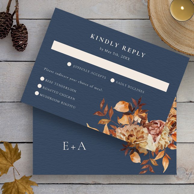 Navy Fall Wedding RSVP Card (Watercolor Navy Blue Fall Wedding RSVP Card Monogram on Back by Painted Paperie
)
