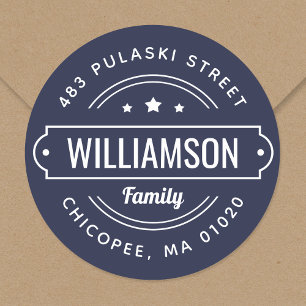 Navy Family Name Badge Round Return Address Label