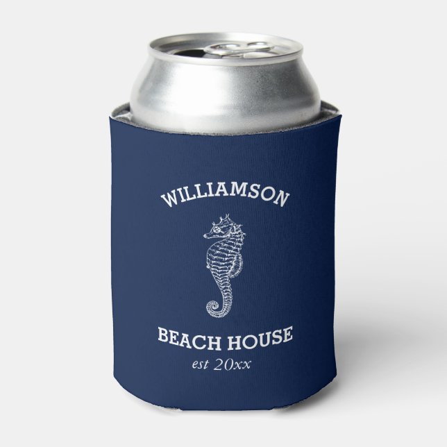 Navy Family Name Beach House | Seahorse Can Cooler (Can Front)