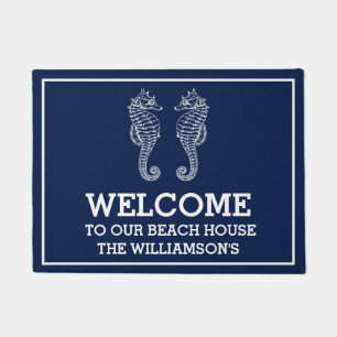 Navy Family Name  Beach House   Seahorse Doormat