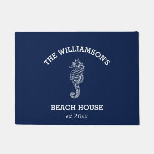 Navy Family Name  Beach House   Seahorse Doormat