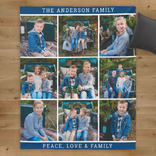 Navy Family Photo Collage Peace Love Fleece Blanket