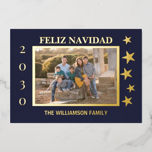 Navy Family Photo Feliz Navidad Gold Foil  Foil Holiday Card (Front)