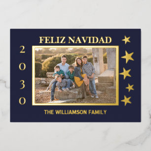 Navy Family Photo Feliz Navidad Gold Foil  Holiday Card