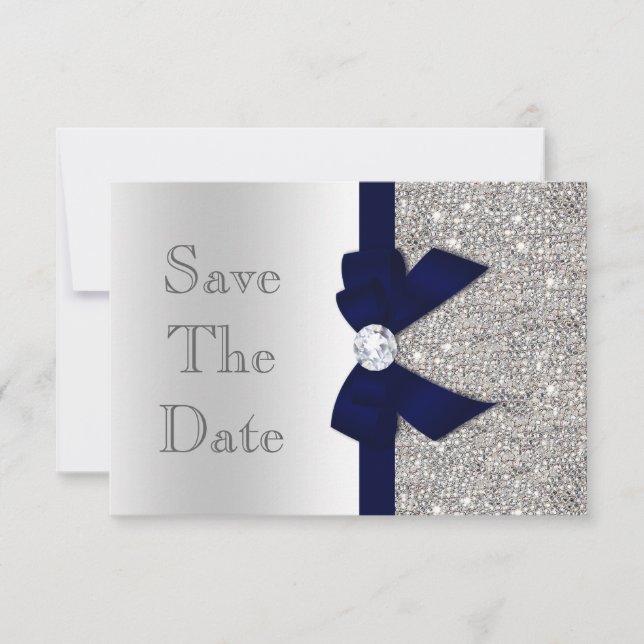 Navy Faux Bow & Diamonds Silver Save The Date (Front)