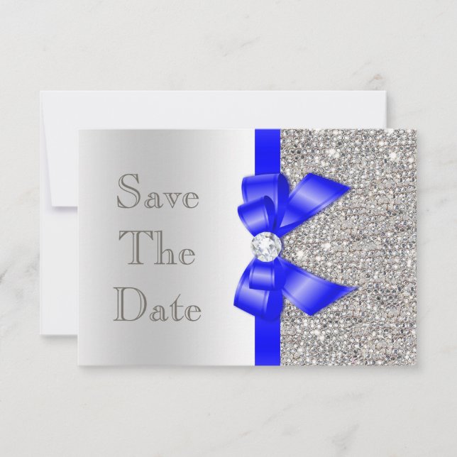 Navy Faux Bow Silver Sequins Save The Date (Front)