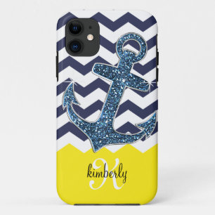 Navy Faux Glitter Anchor Chevron Personalised iPhone 11 Case
