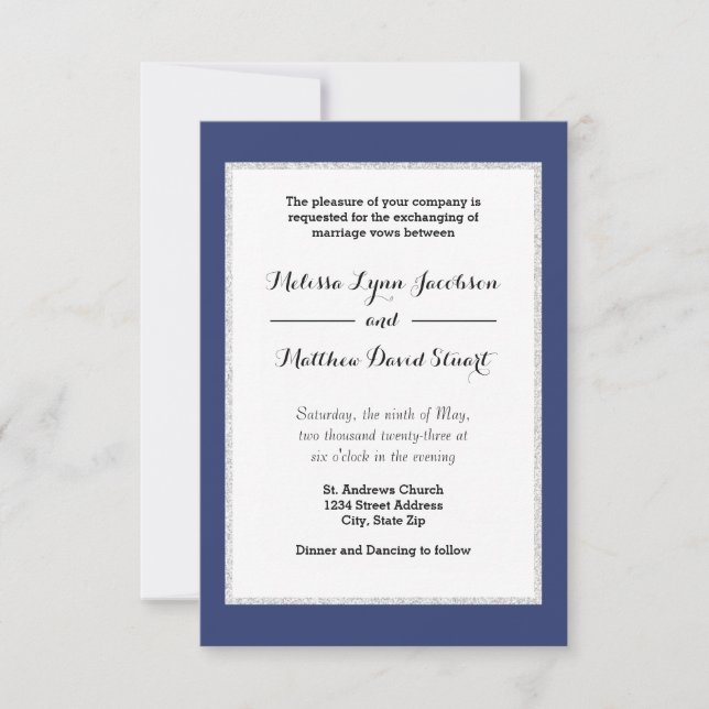 Navy & Faux Glitter Framed - 3x5Wedding Invitation (Front)