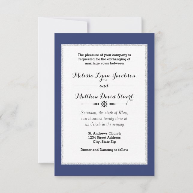 Navy & Faux Glitter Framed - 3x5Wedding Invitation (Front)