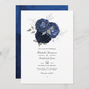Navy & Faux Glitter Silver Floral QR Code Wedding Invitation