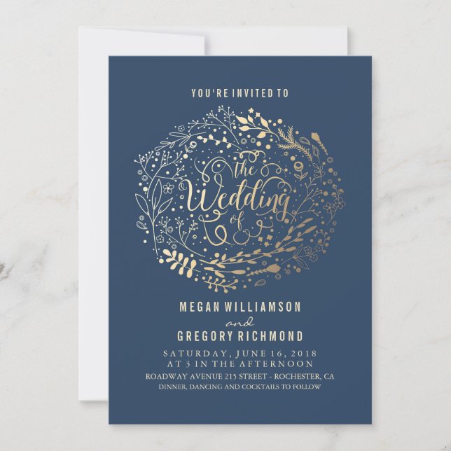 Navy Faux Gold Foil Floral Bouquet Wedding Invitation (Front)