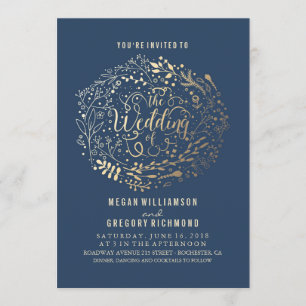 Navy Faux Gold Foil Floral Bouquet Wedding Invitation