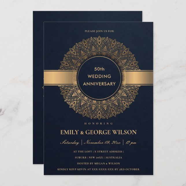 NAVY FAUX GOLD MANDALA ANY YEAR 50TH ANNIVERSARY INVITATION (Front/Back)