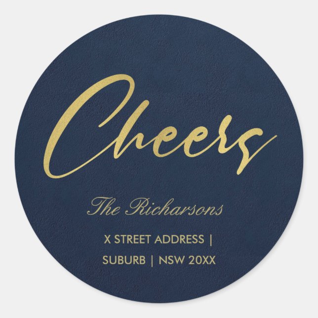 NAVY FAUX GOLD MINIMAL CALLIGRAPHY CHEERS ADDRESS CLASSIC ROUND STICKER (Front)