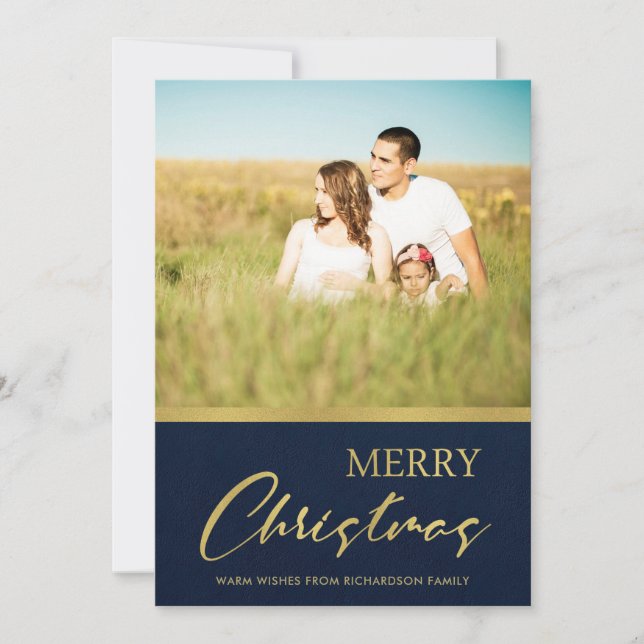 NAVY FAUX GOLD MINIMAL MERRY CHRISTMAS PHOTO HOLIDAY CARD (Front)