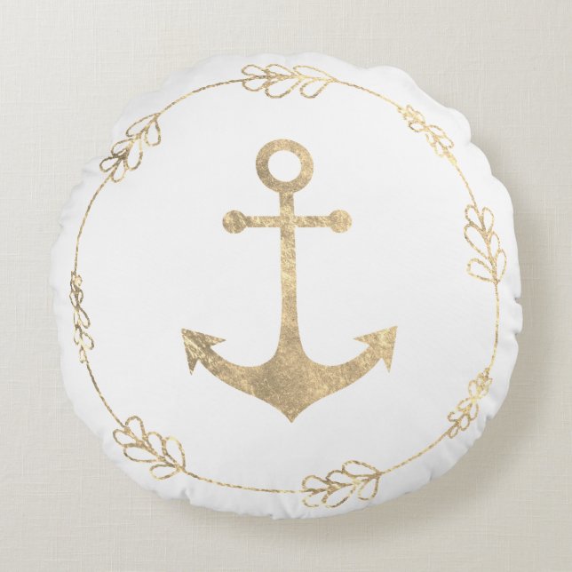 navy faux gold white nautical anchor round cushion (Front)
