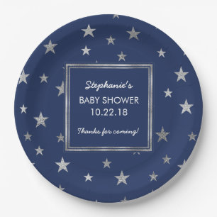 Navy + Faux Silver Stars Twinkle Baby shower decor Paper Plate