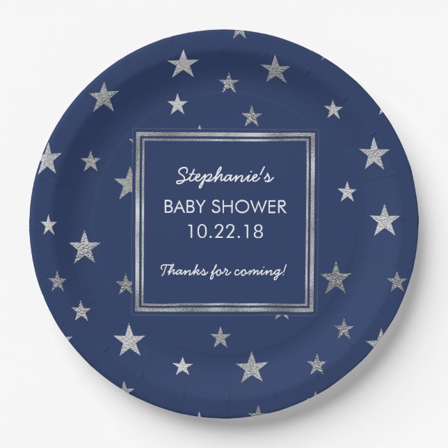 Navy + Faux Silver Stars Twinkle Baby shower decor Paper Plate (Front)