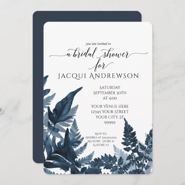 Navy Fern Foliage Forest Botanical Bridal Shower Invitation (Front/Back)