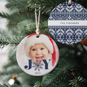 Navy Festive Joy Holiday Photo Ceramic Ornament