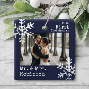 Navy First Christmas Mr. & Mrs. Custom Photo Ceramic Ornament