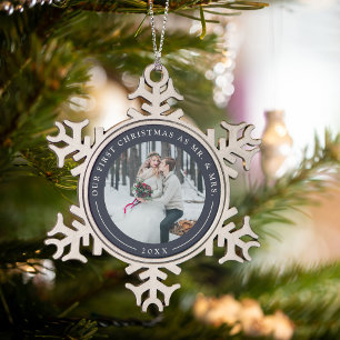 Navy   First Married Christmas Photo Snowflake Pewter Christmas Ornament