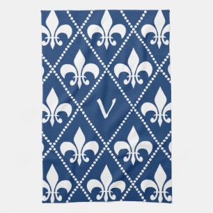 Navy Fleur de Lis with monogram initial Tea Towel