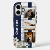 Navy Floral 3 Photo Anniversary Couple Name