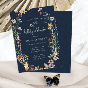 Navy Floral 60th Birthday Party Invitation