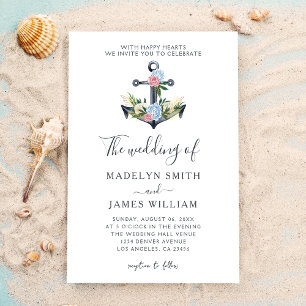 Navy Floral Anchor   Summer Wedding Invitation