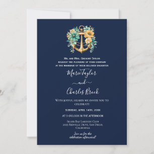 Navy Floral Anchor Wedding Invitation