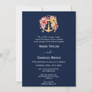 Navy Floral Anchor Wedding Invitation
