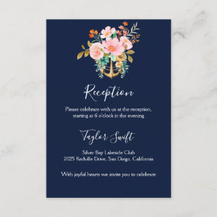 Navy Floral Anchor Wedding Reception Card