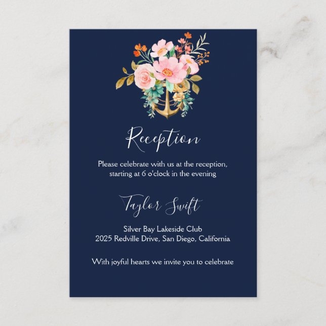 Navy Floral Anchor Wedding Reception Card (Front)