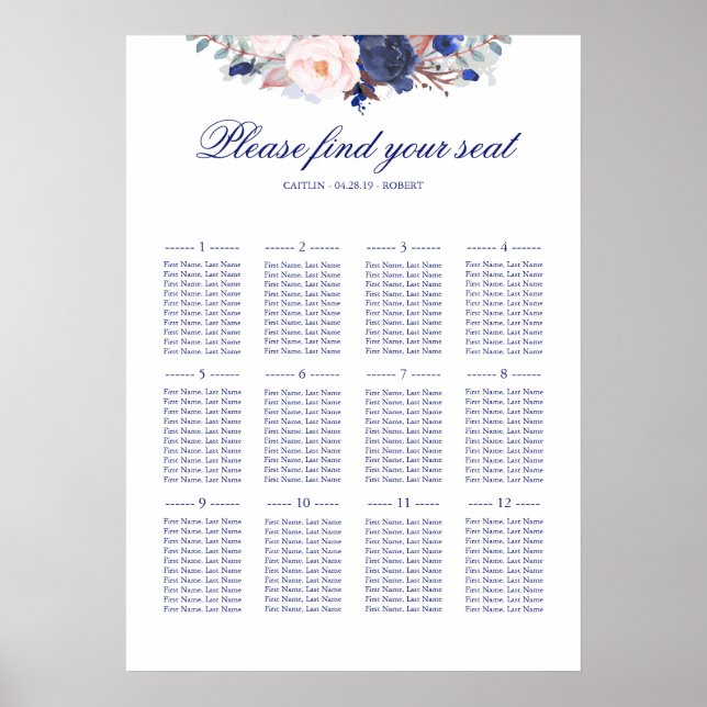 Navy Floral and Blush Wedding Seating Chart (Front)