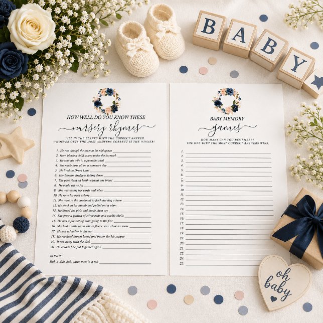 Navy Floral Baby Shower Double Sided Game (Double sided baby shower games.)