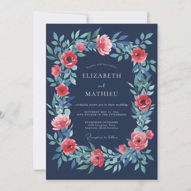 Navy Floral Blossom Romance Wedding Invitation (Front)