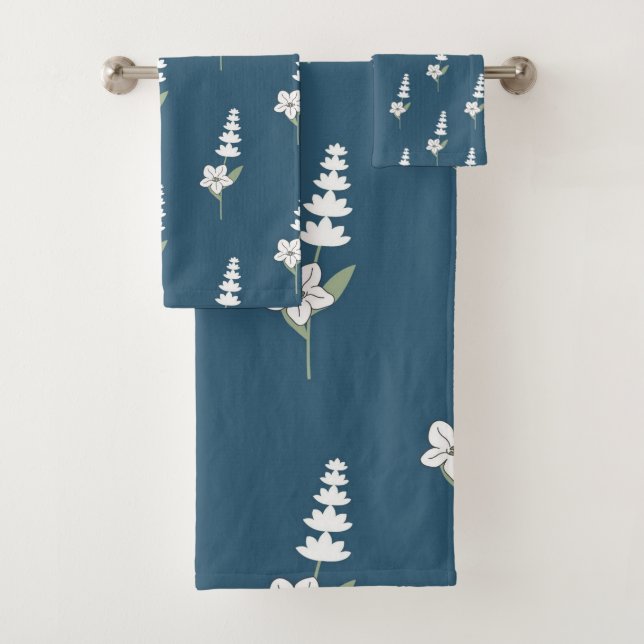 Navy Floral Bohemian Botanical Pattern Bath Towel Set (Insitu)