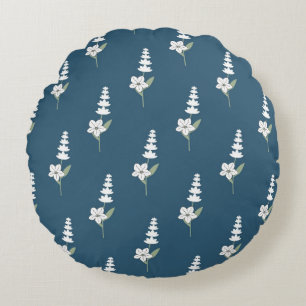 Navy Floral Bohemian Botanical Pattern Round Cushion