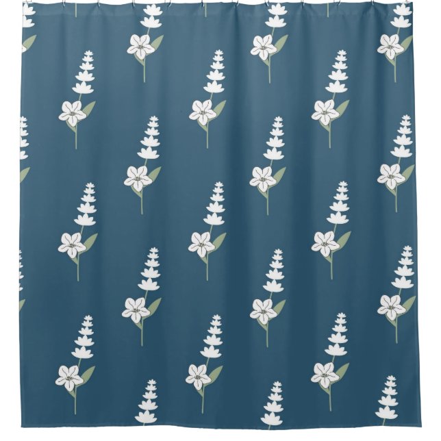 Navy Floral Bohemian Botanical Pattern Shower Curtain (Front)