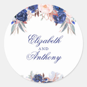 Navy Floral Boho Chic Wedding Classic Round Sticker