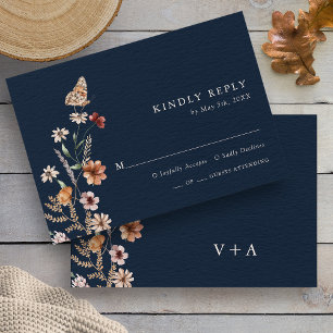 Navy Floral Boho Chic Wedding RSVP Card